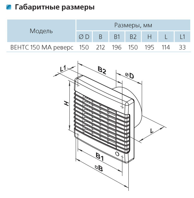 Габаритные размеры: ВЕНТС МА реверс